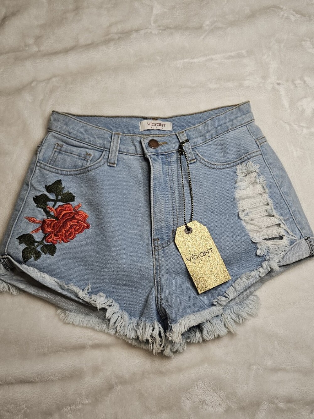 Vibrant Light Blue Denim Shorts with Red Rose Embroidery - Picture 2 of 10